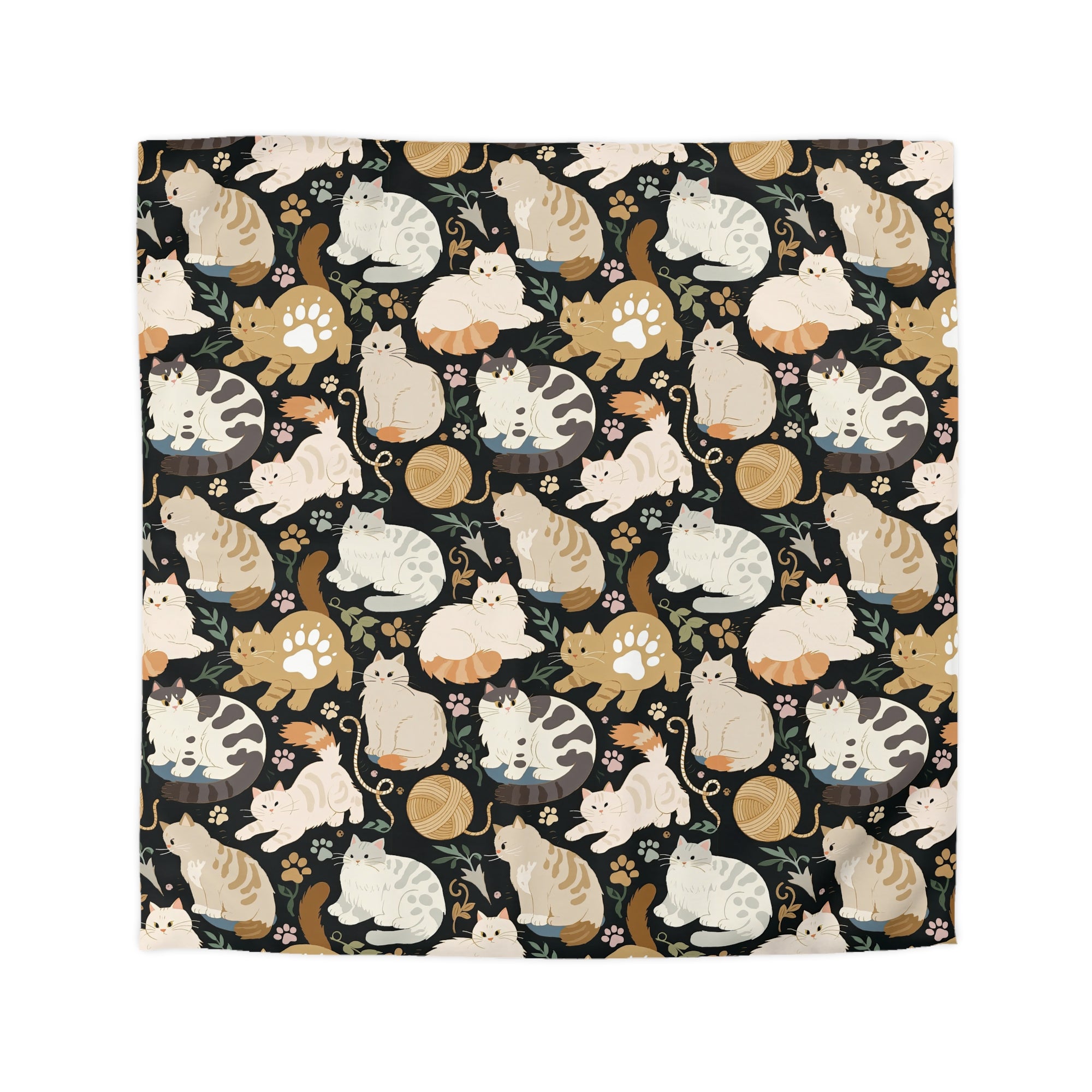 Duvet Cover - Diverse cats and kittens in a dark garden, various breeds and colors, soft natural tones with foliage and paw prints, charming animal illustration, dark background, gentle pet themed art