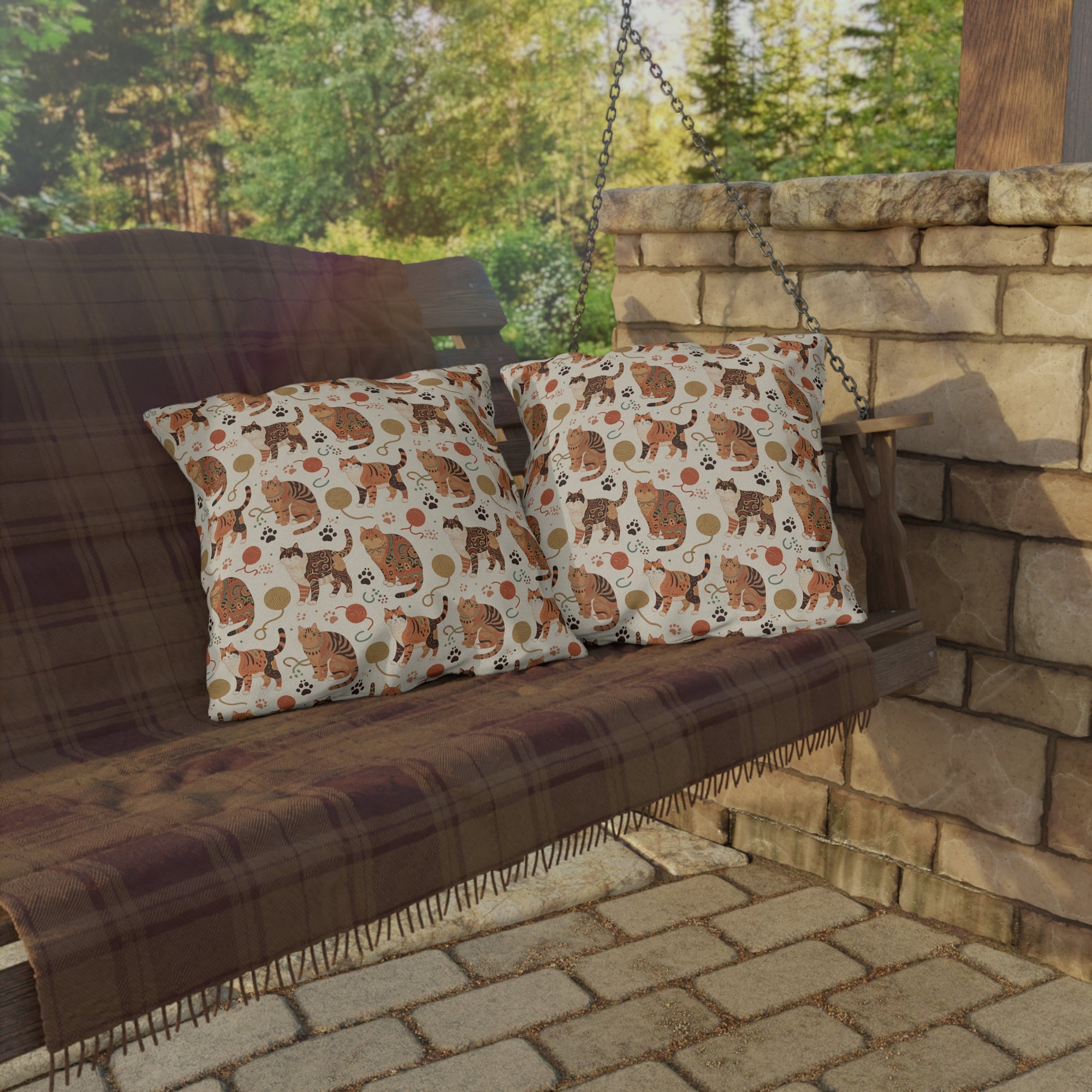 Outdoor Pillow - Artistic patterned cats in warm earth tones, unique tribal and folk art designs, playful felines with yarn and paw prints, bohemian animal print, cream background, creative cat art