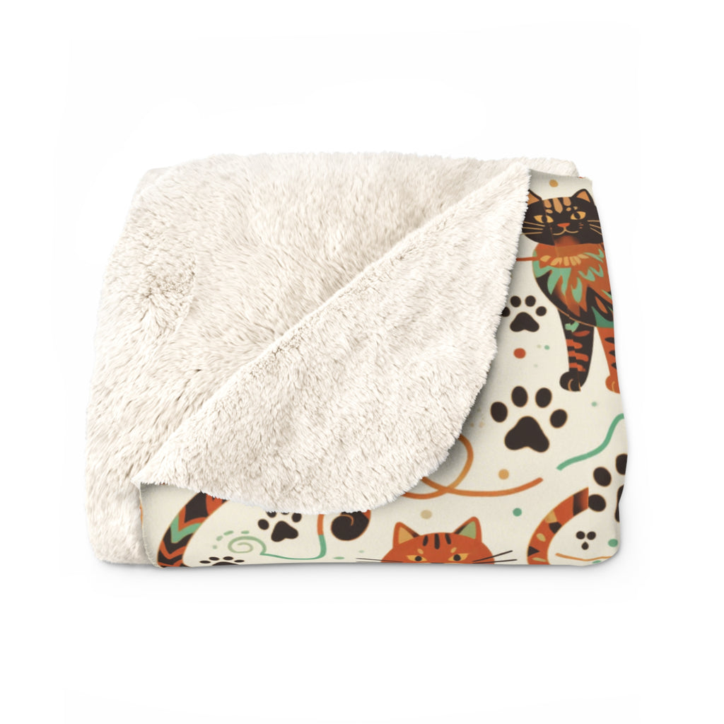 Sherpa Blanket - Colorful folk art patterned cats, vibrant orange and teal hues, playful felines with yarn and paw prints, bohemian animal illustration, cream background, artistic and cheerful design