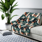 Sherpa Blanket - A whimsical, fluffy, watercolor depiction of various cats of different colors peeking out from a dense dark blue and green bush with white flowers.