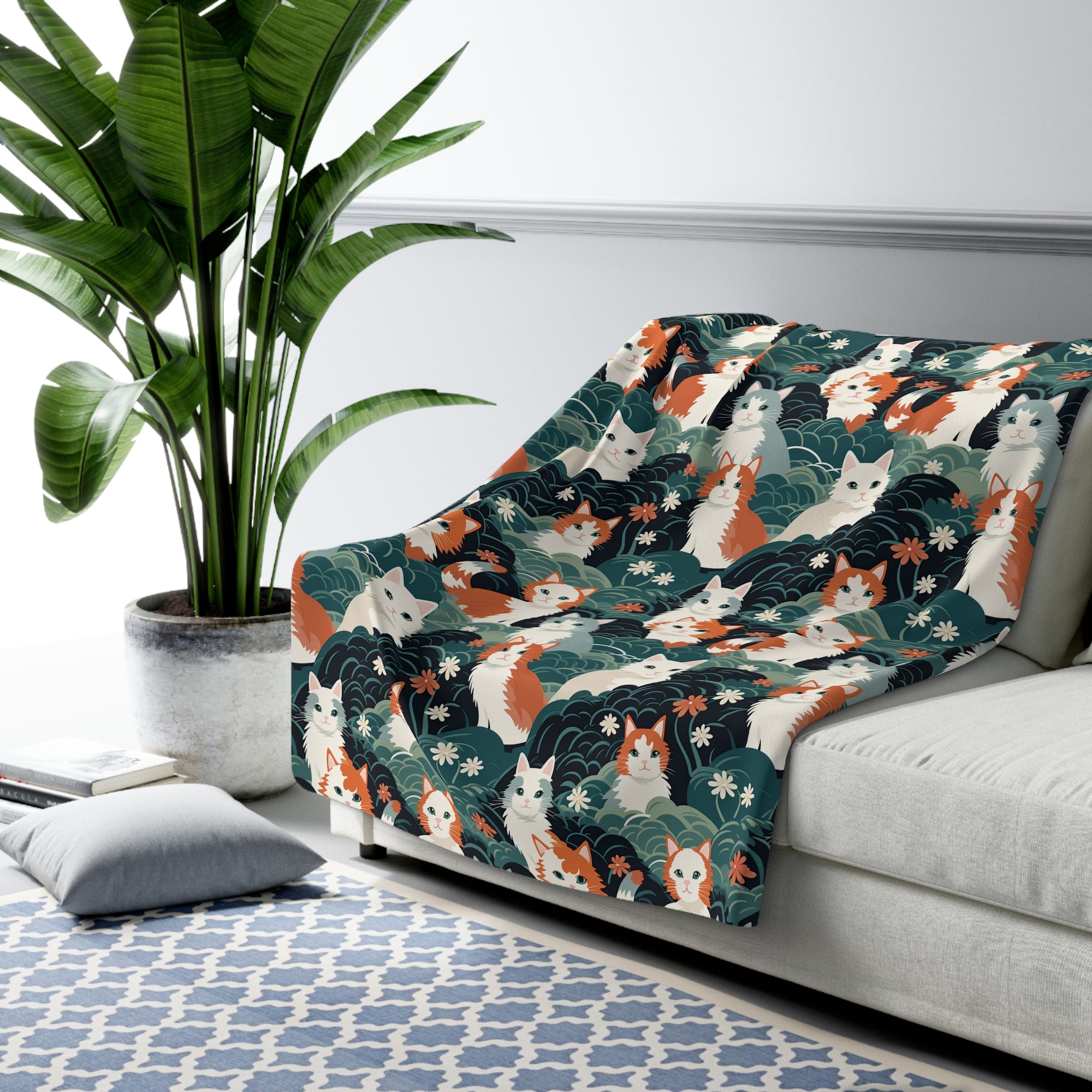 Sherpa Blanket - A whimsical, fluffy, watercolor depiction of various cats of different colors peeking out from a dense dark blue and green bush with white flowers.