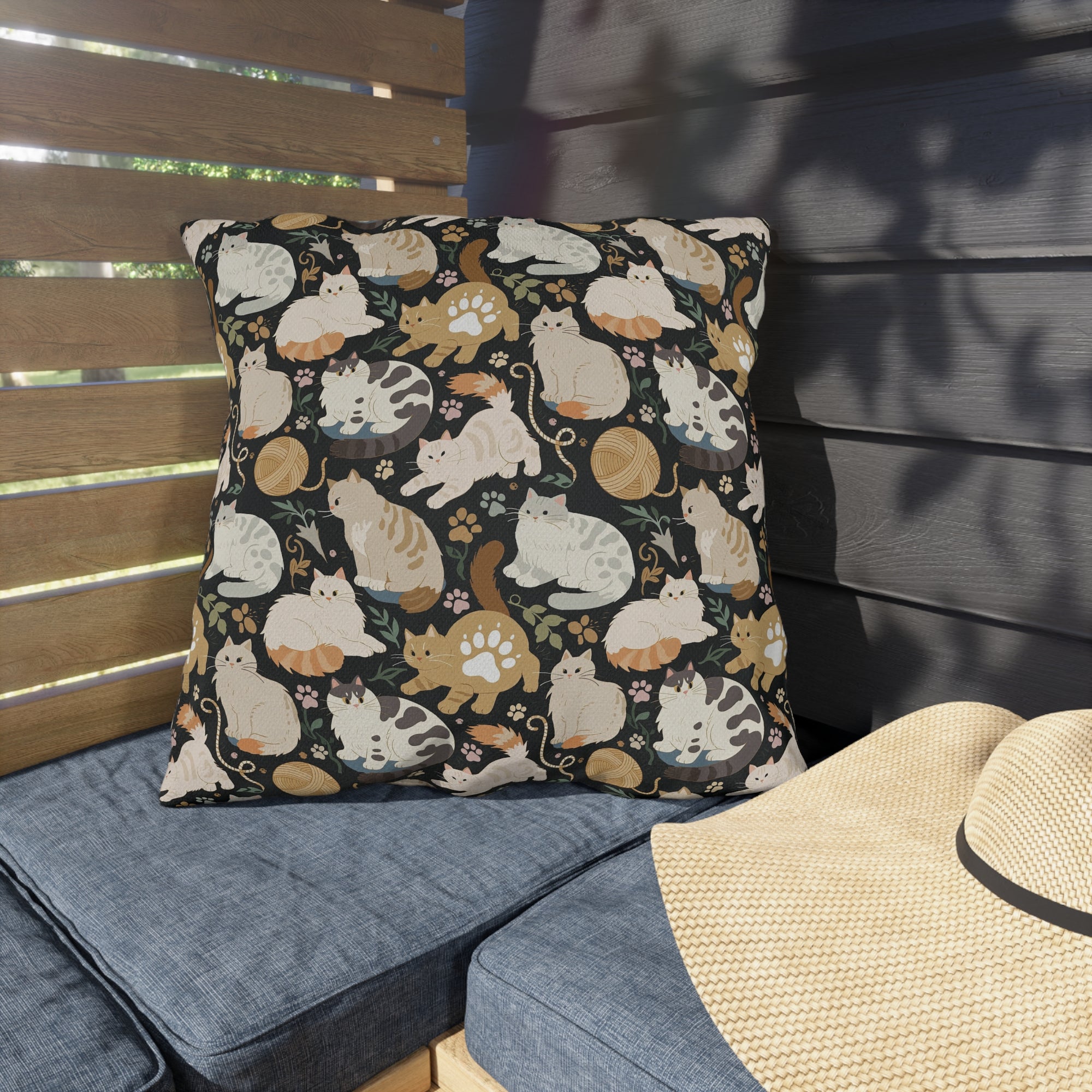 Outdoor Pillow - Diverse cats and kittens in a dark garden, various breeds and colors, soft natural tones with foliage and paw prints, charming animal illustration, dark background, gentle pet themed art
