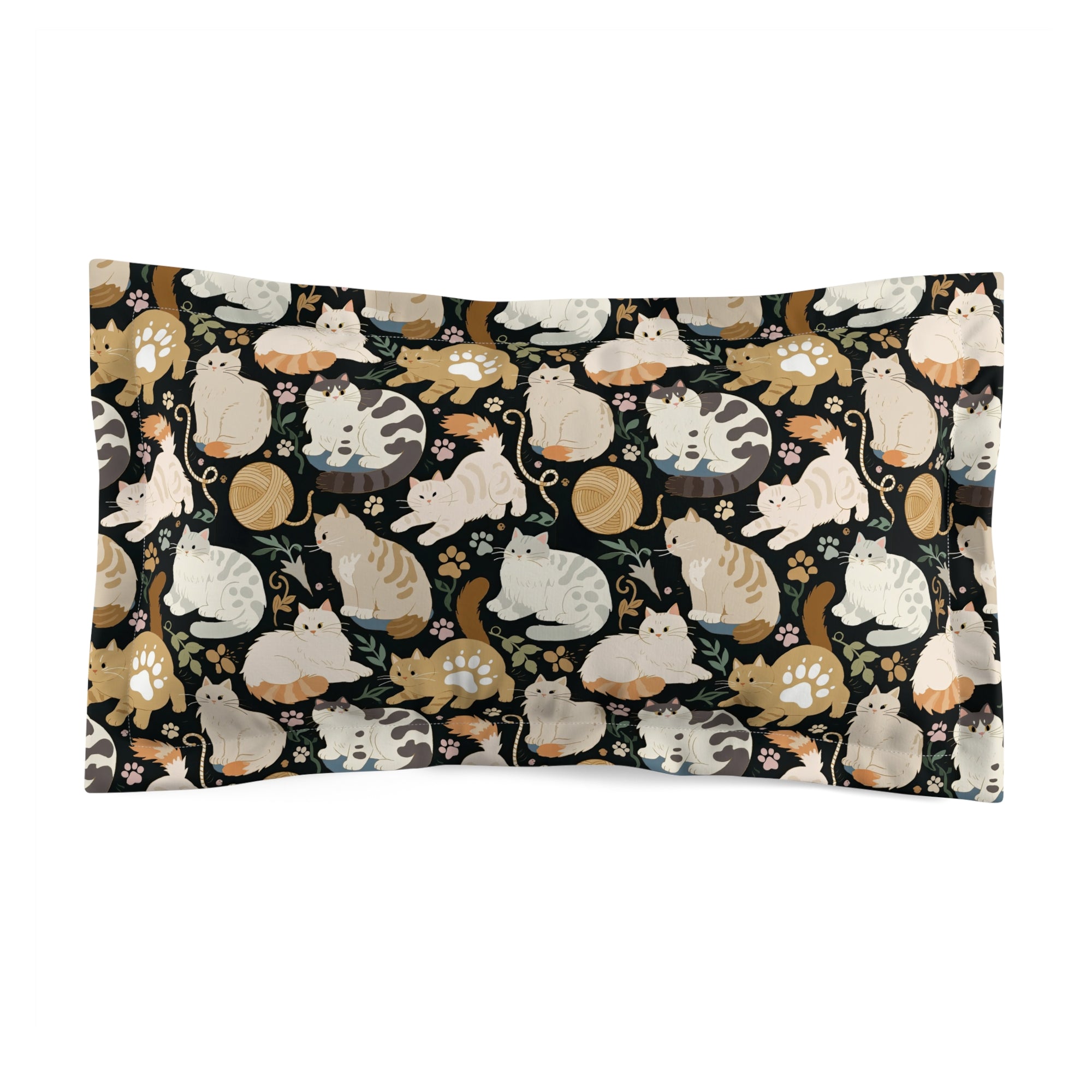 Pillow Sham - Diverse cats and kittens in a dark garden, various breeds and colors, soft natural tones with foliage and paw prints, charming animal illustration, dark background, gentle pet themed art