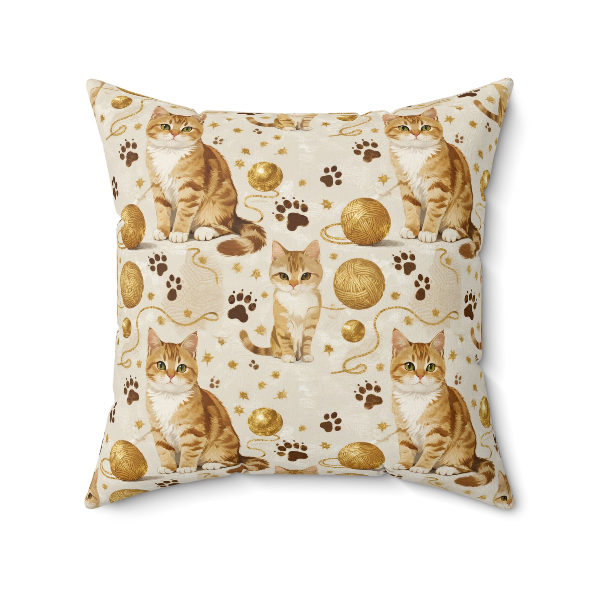 Indoor Square Pillow - Adorable ginger cat with bright green eyes, sparkling gold yarn and paw prints, classic tabby cat illustration, cream background, cute and charming pet themed art
