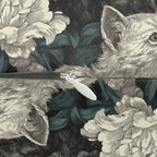 Indoor Lumbar Pillow - Grey and White Kittens with Creamy White Flowers and Dark Green Foliage, Elegant Vintage Vibe