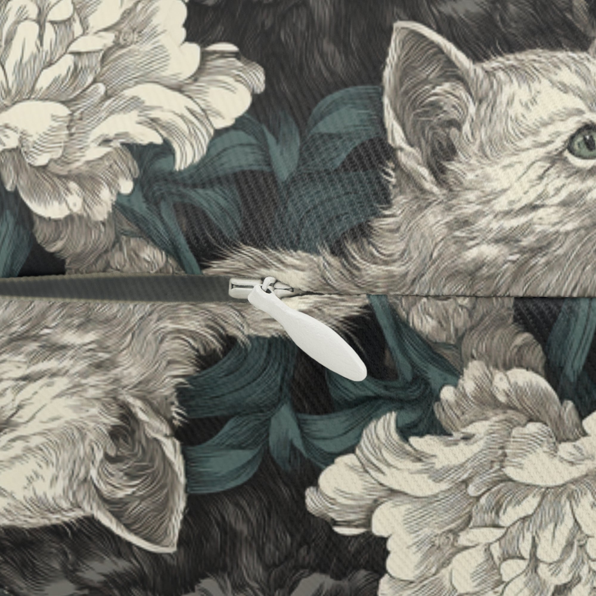 Indoor Lumbar Pillow - Grey and White Kittens with Creamy White Flowers and Dark Green Foliage, Elegant Vintage Vibe