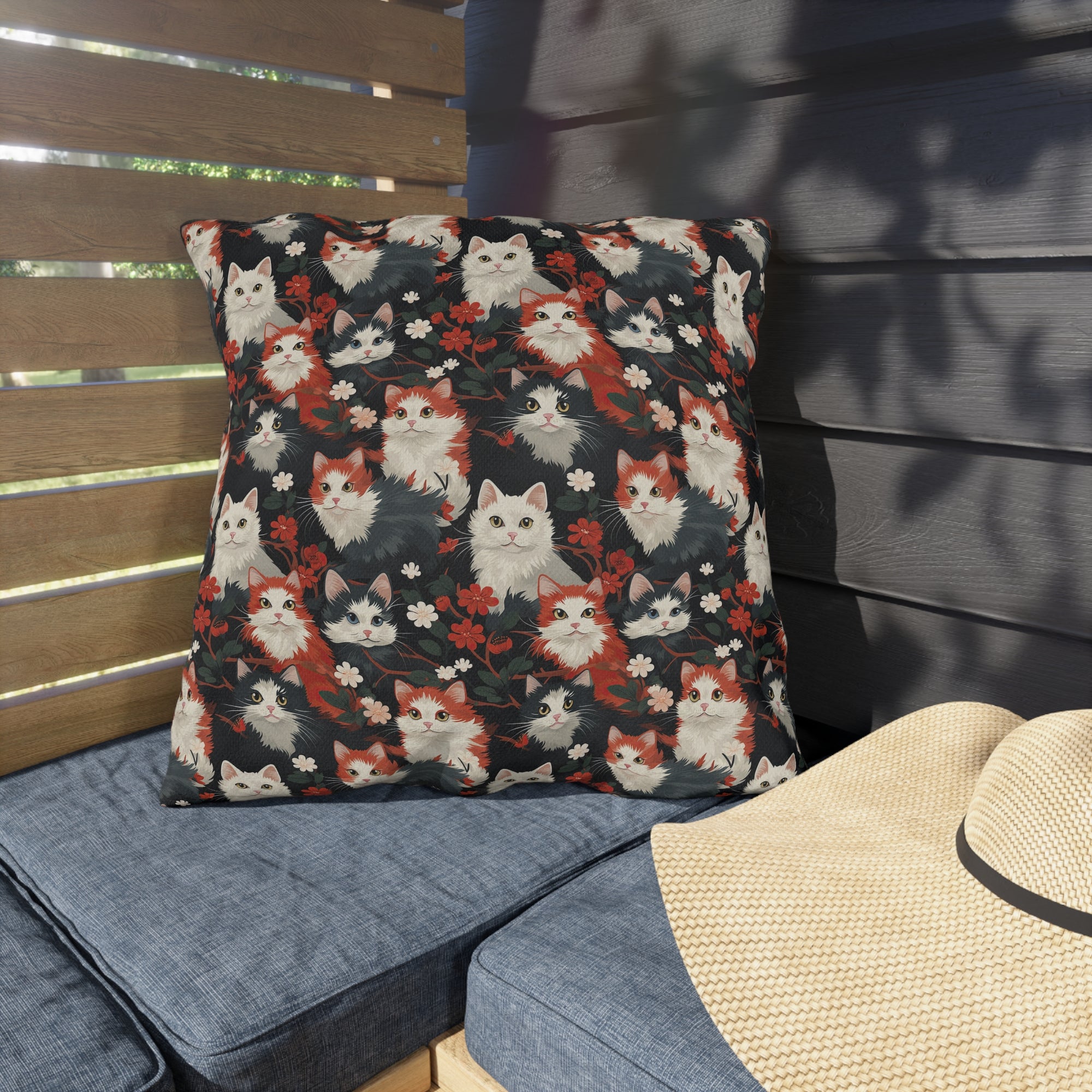 Outdoor Pillow - A detailed and ornate Victorian-style pattern featuring a tight grouping of fluffy cats of various colors surrounded by black and red flowers and leaves.