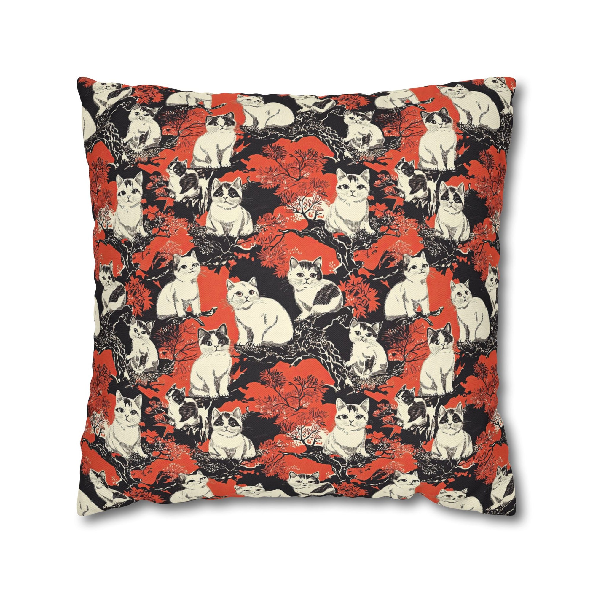 Square Pillowcase - A striking black-and-white illustration with red accents of charming cats perched on the branches of trees in a beautiful Japanese woodblock print style.
