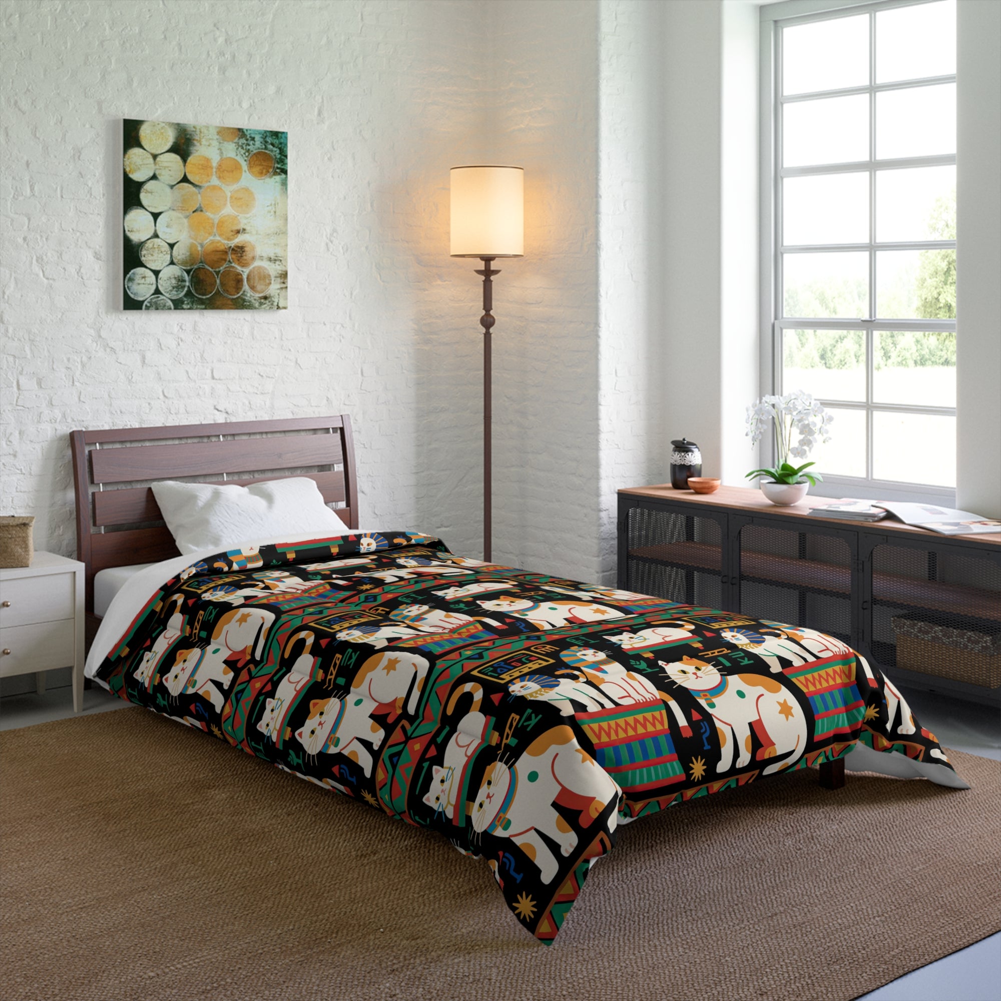 Comforter - Ancient Egyptian Felines with Hieroglyphs and Colorful Borders Adorn this Playful and Culturally Rich Cat Pattern