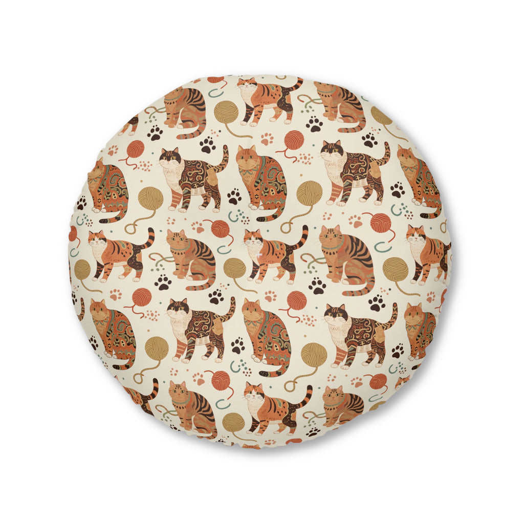 Indoor Round Floor Pillow - Artistic patterned cats in warm earth tones, unique tribal and folk art designs, playful felines with yarn and paw prints, bohemian animal print, cream background, creative cat art
