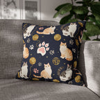 Square Pillowcase - Charming cats and golden yarn playful design, cute kittens with paw prints, whimsical animal art for cat lovers, dark blue background, delightful pet themed illustration