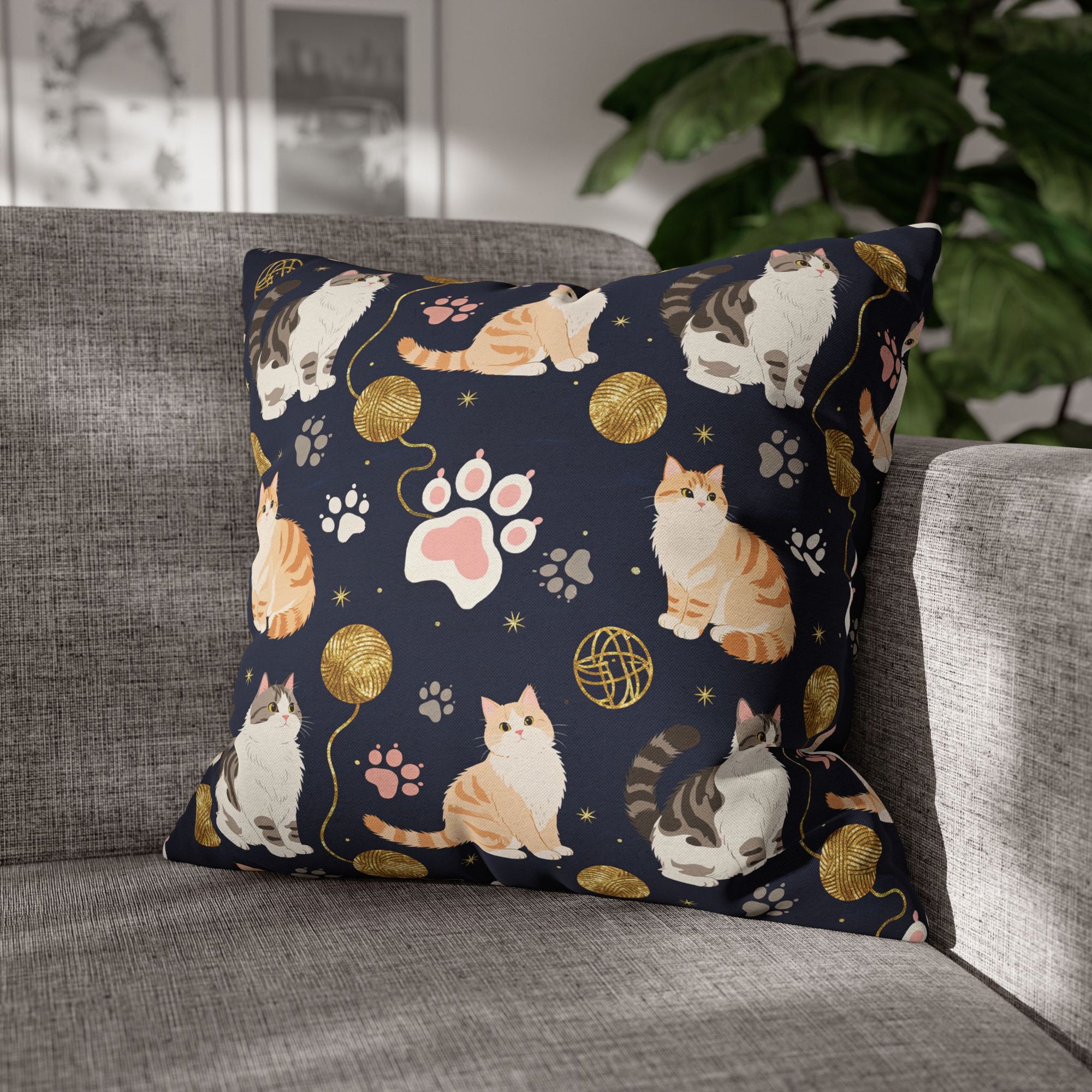 Square Pillowcase - Charming cats and golden yarn playful design, cute kittens with paw prints, whimsical animal art for cat lovers, dark blue background, delightful pet themed illustration