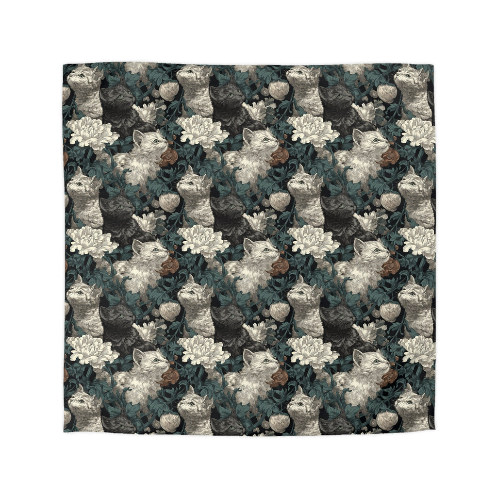 Duvet Cover - Grey and White Kittens with Creamy White Flowers and Dark Green Foliage, Elegant Vintage Vibe