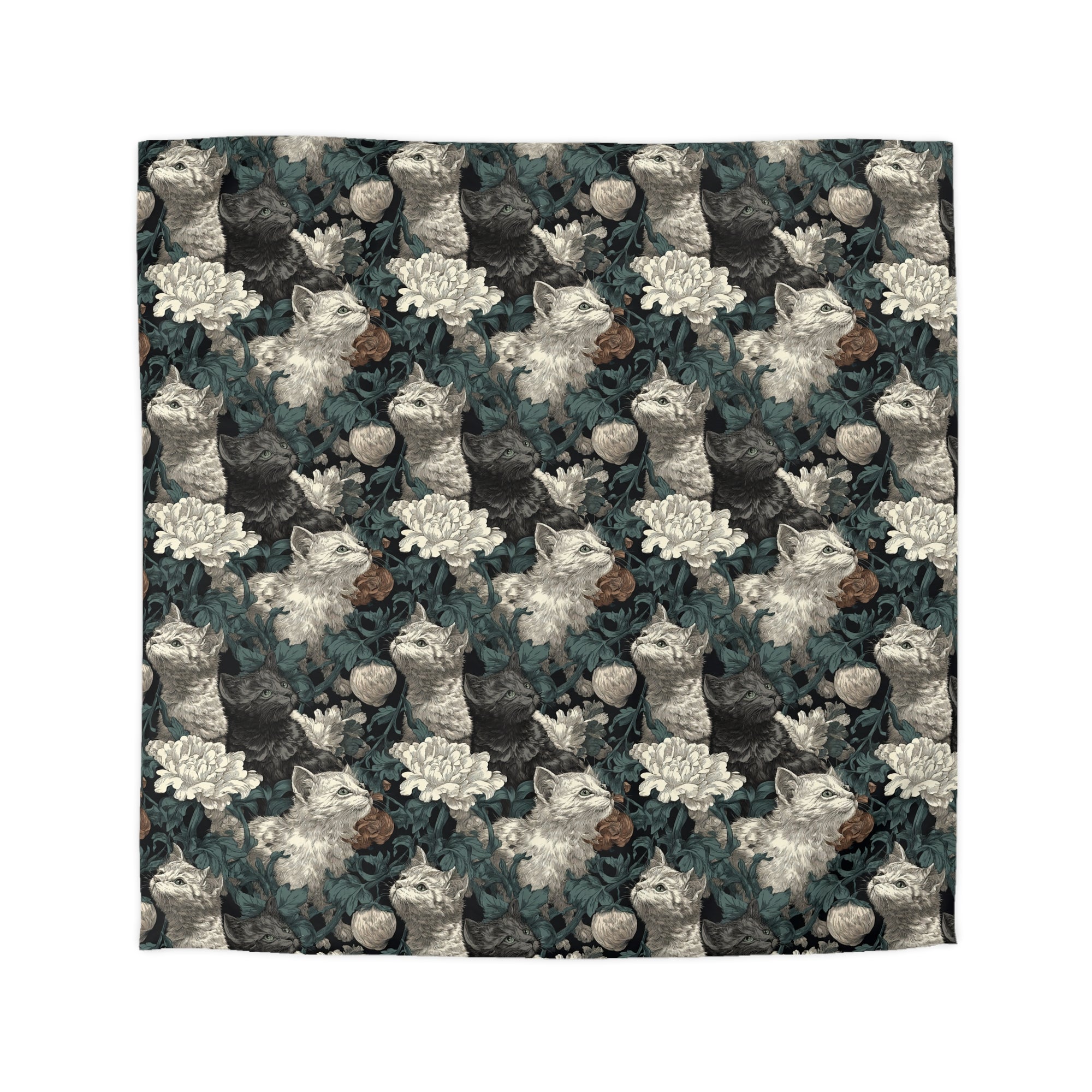 Duvet Cover - Grey and White Kittens with Creamy White Flowers and Dark Green Foliage, Elegant Vintage Vibe