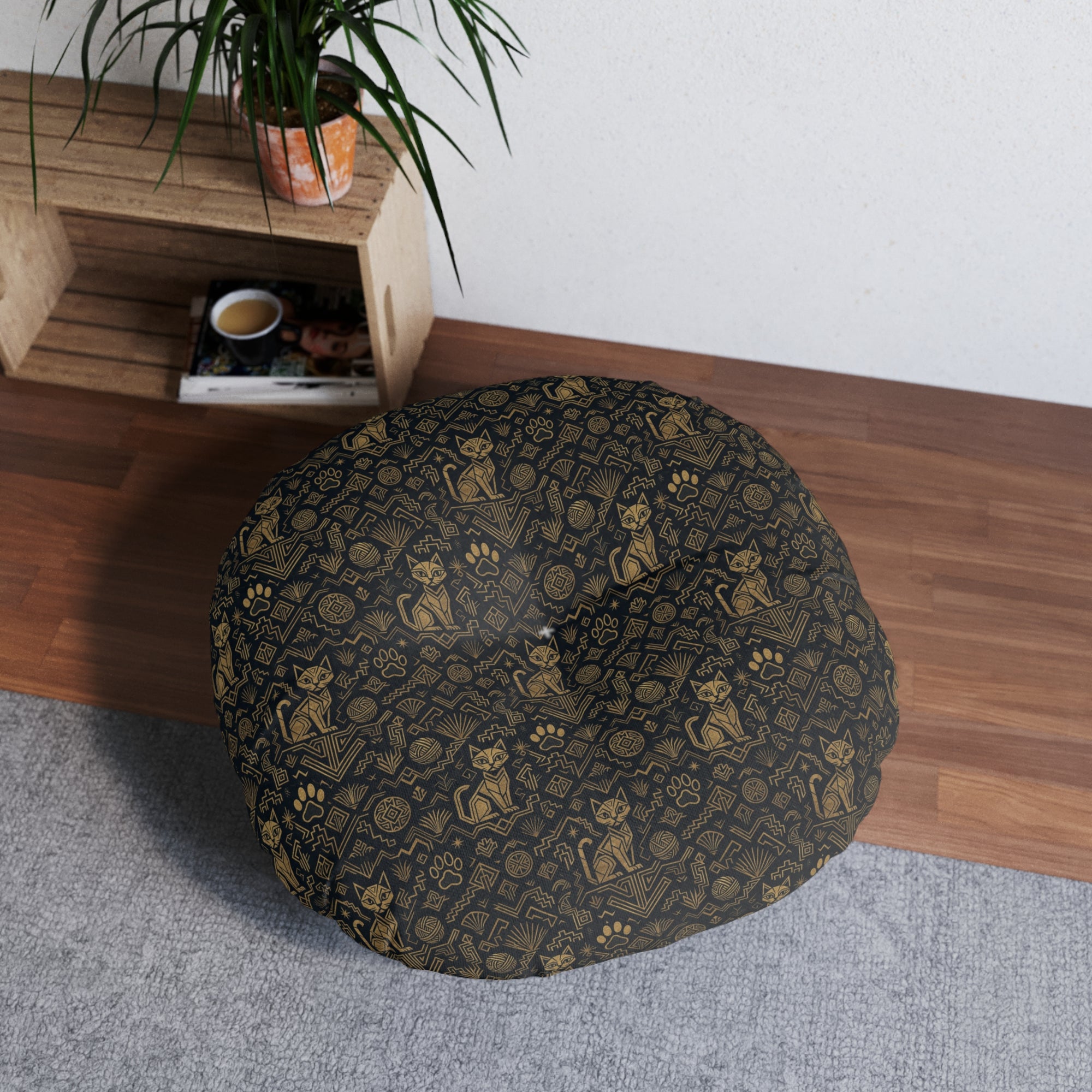 Indoor Round Floor Pillow - Art Deco Inspired Golden Cat Silhouettes and Geometric Patterns Create a Sophisticated and Stylized Modern Design