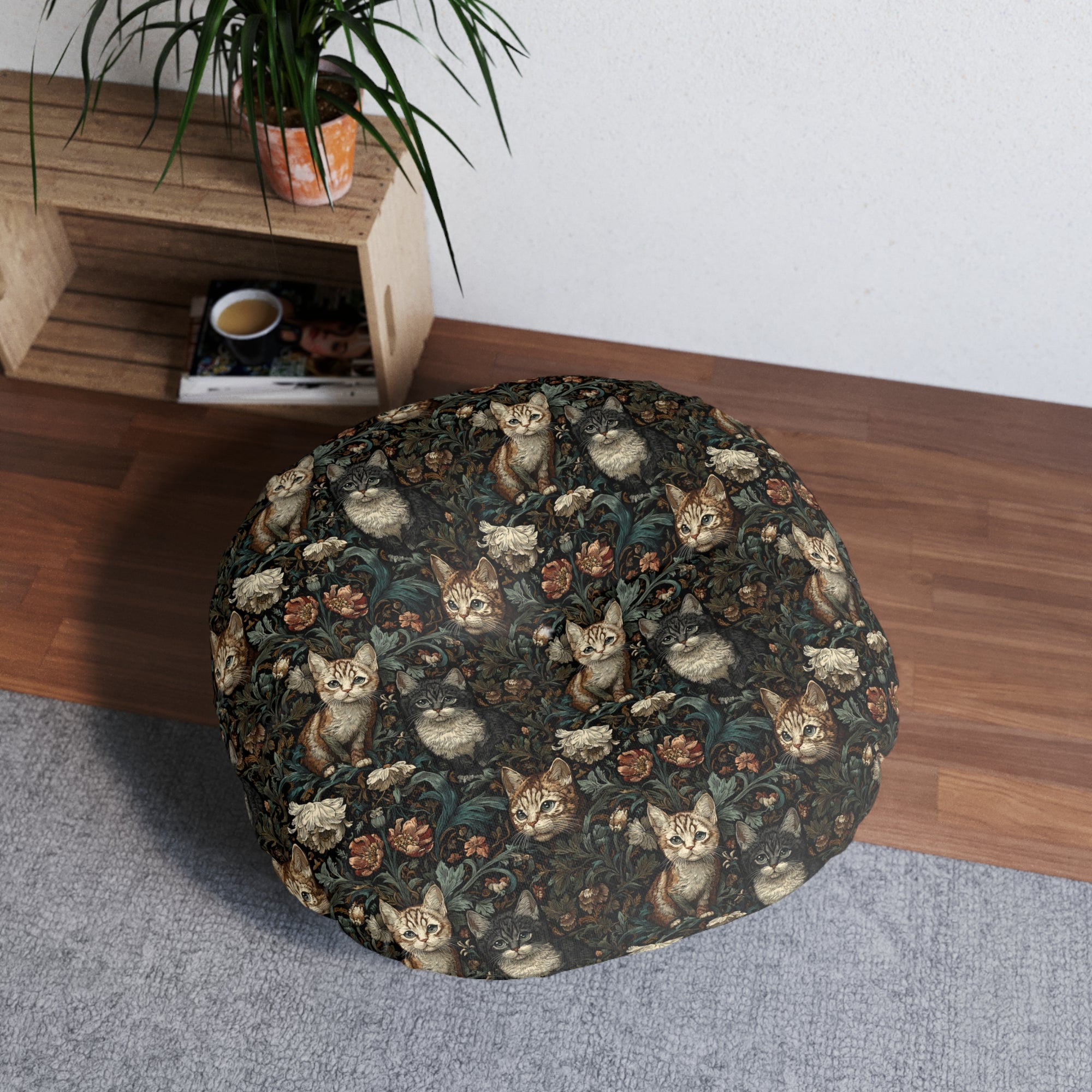 Indoor Round Floor Pillow - Brown Tabby Kittens Among Dark Green and Peach Floral Vines, Moody Vintage Style