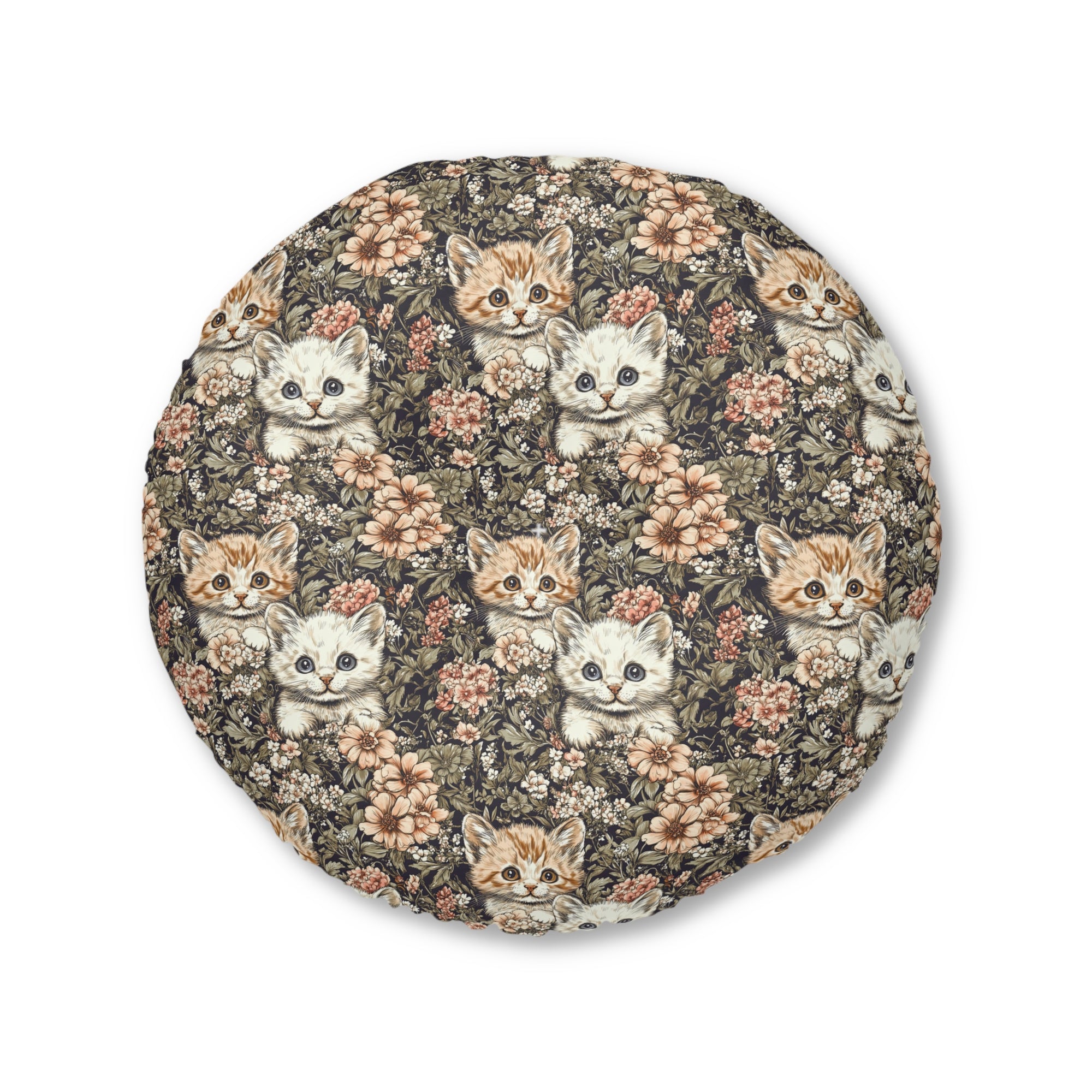 Indoor Round Floor Pillow - Peach and White Kittens in Dark Floral Garden, Vintage Style, Sweet and Charming Scene