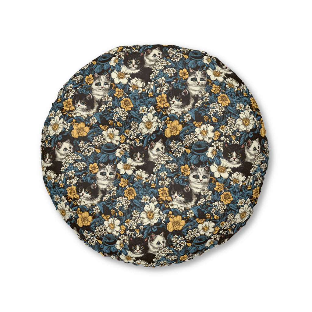 Indoor Round Floor Pillow - Black and White Kittens with Yellow and White Flowers, Dark Blue Leaves, Vintage Charm