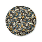 Indoor Round Floor Pillow - Black and White Kittens with Yellow and White Flowers, Dark Blue Leaves, Vintage Charm