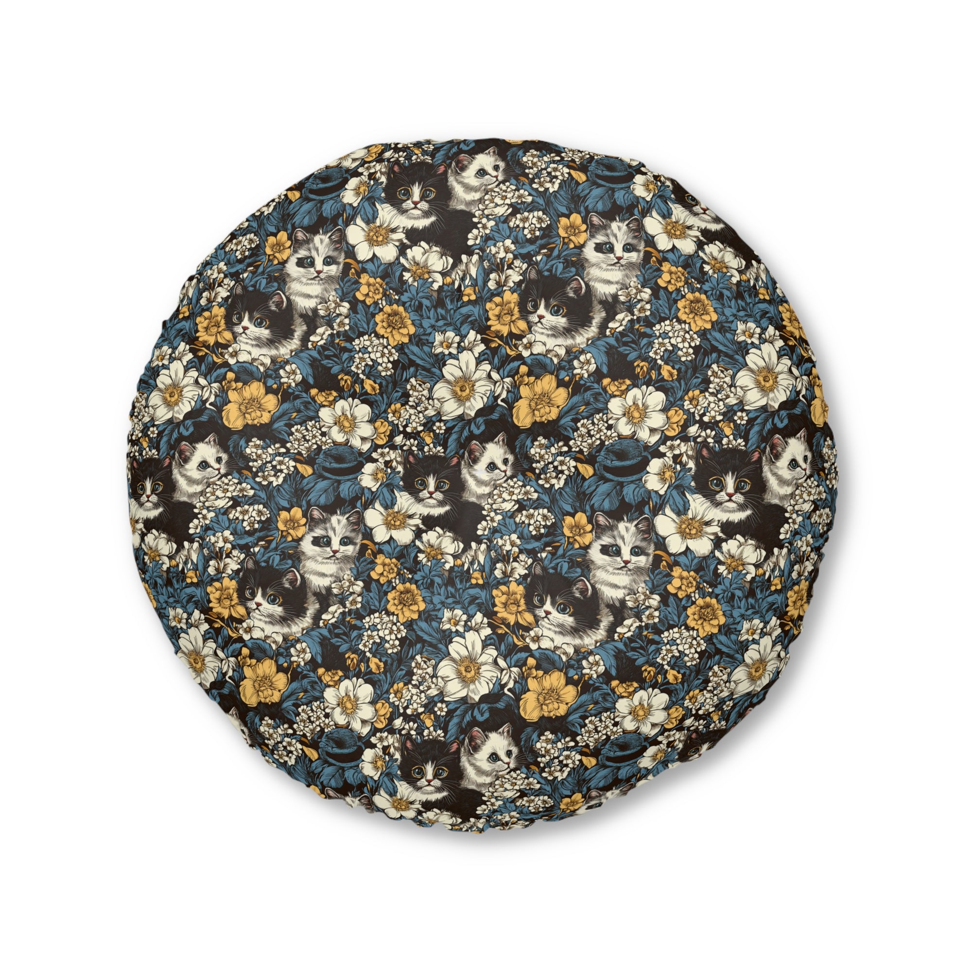 Indoor Round Floor Pillow - Black and White Kittens with Yellow and White Flowers, Dark Blue Leaves, Vintage Charm