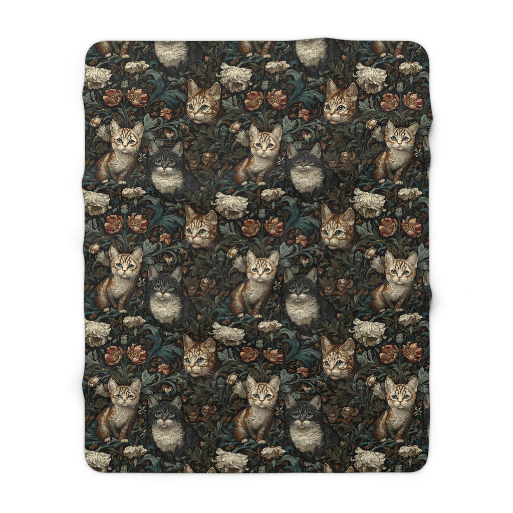 Sherpa Blanket - Brown Tabby Kittens Among Dark Green and Peach Floral Vines, Moody Vintage Style