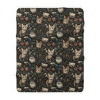 Sherpa Blanket - Brown Tabby Kittens Among Dark Green and Peach Floral Vines, Moody Vintage Style