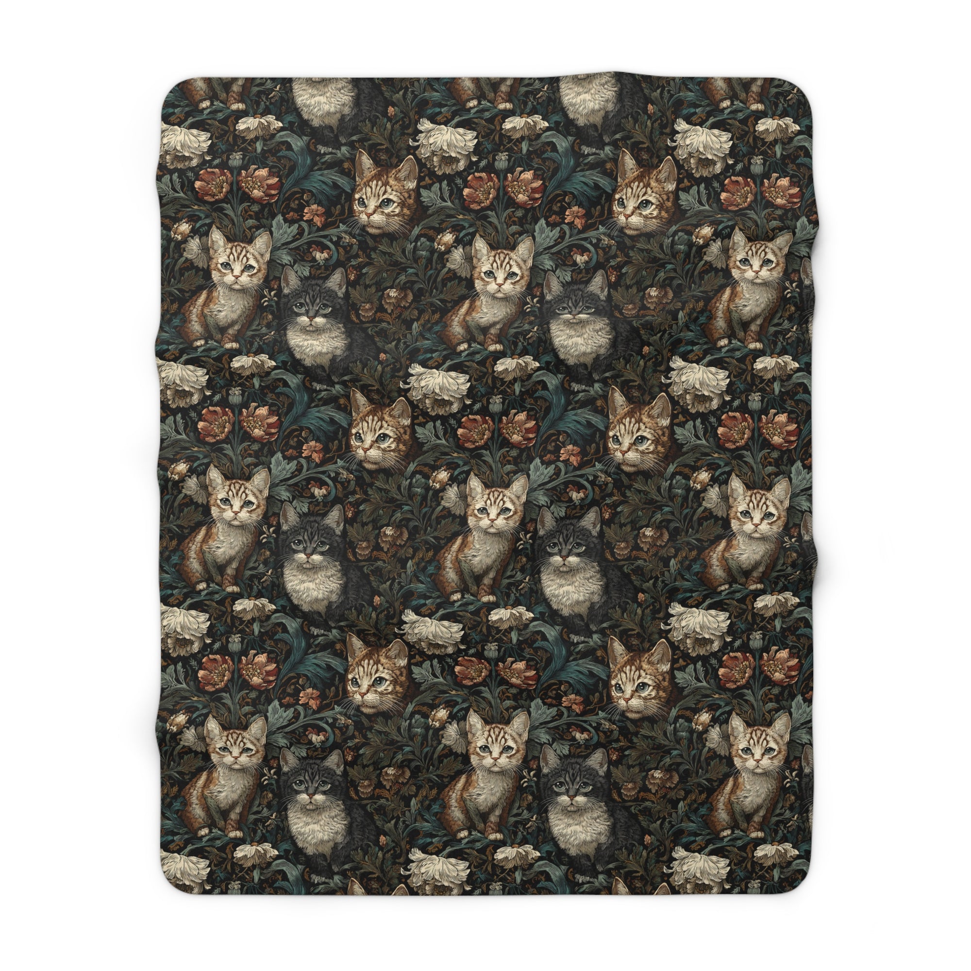 Sherpa Blanket - Brown Tabby Kittens Among Dark Green and Peach Floral Vines, Moody Vintage Style