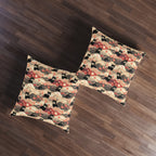 Indoor Square Floor Pillow - A whimsical and enchanting Japanese-style pattern featuring cute black and orange cats nestled among vibrant orange blossoms and soft, cloudy backgrounds.