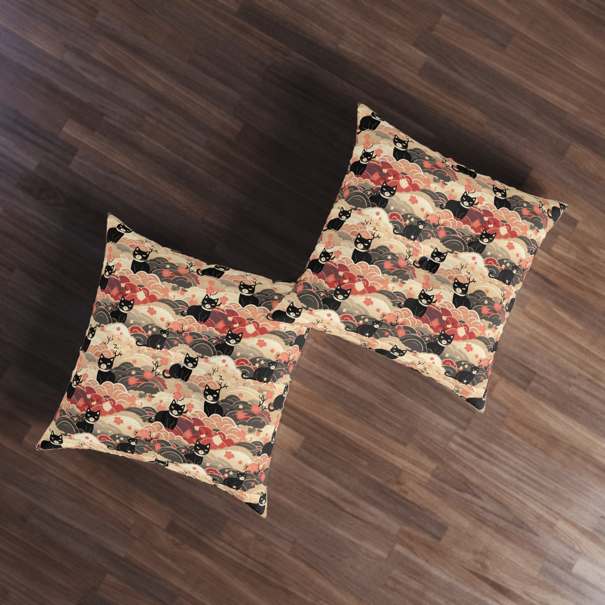 Indoor Square Floor Pillow - A whimsical and enchanting Japanese-style pattern featuring cute black and orange cats nestled among vibrant orange blossoms and soft, cloudy backgrounds.