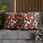 Square Pillowcase - A striking black-and-white illustration with red accents of charming cats perched on the branches of trees in a beautiful Japanese woodblock print style.