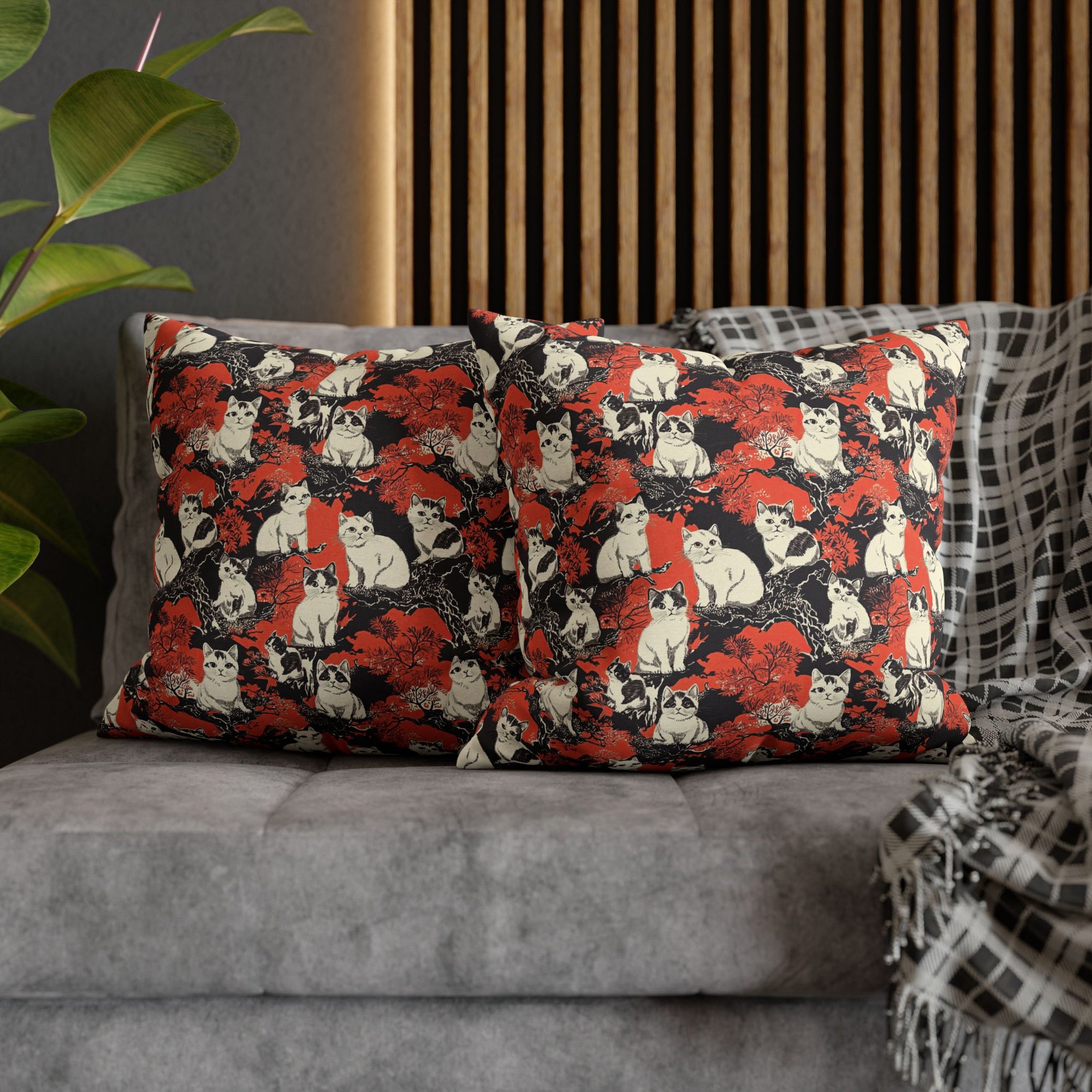 Square Pillowcase - A striking black-and-white illustration with red accents of charming cats perched on the branches of trees in a beautiful Japanese woodblock print style.