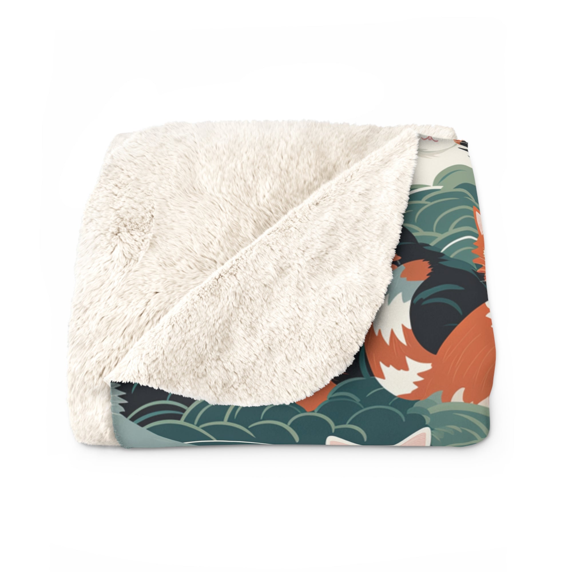 Sherpa Blanket - A whimsical, fluffy, watercolor depiction of various cats of different colors peeking out from a dense dark blue and green bush with white flowers.