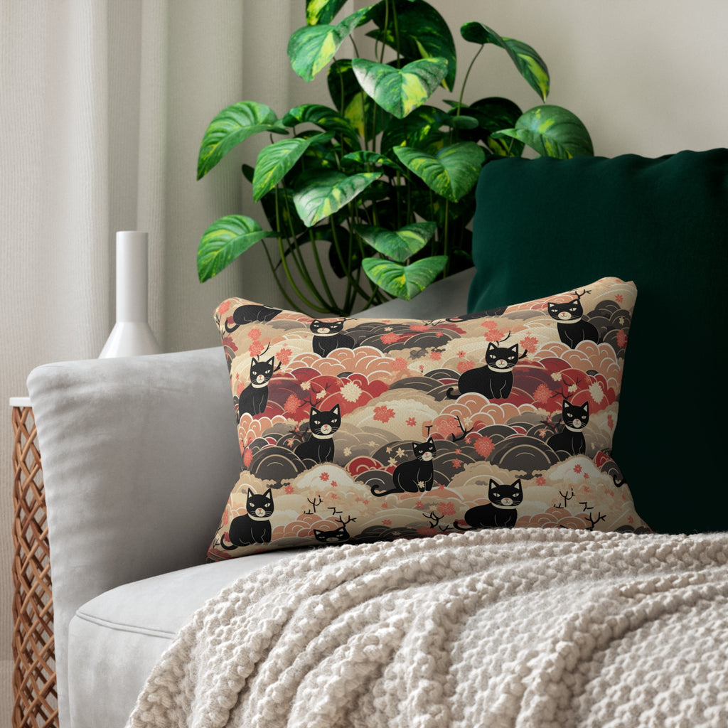 Indoor Lumbar Pillow - A whimsical and enchanting Japanese-style pattern featuring cute black and orange cats nestled among vibrant orange blossoms and soft, cloudy backgrounds.