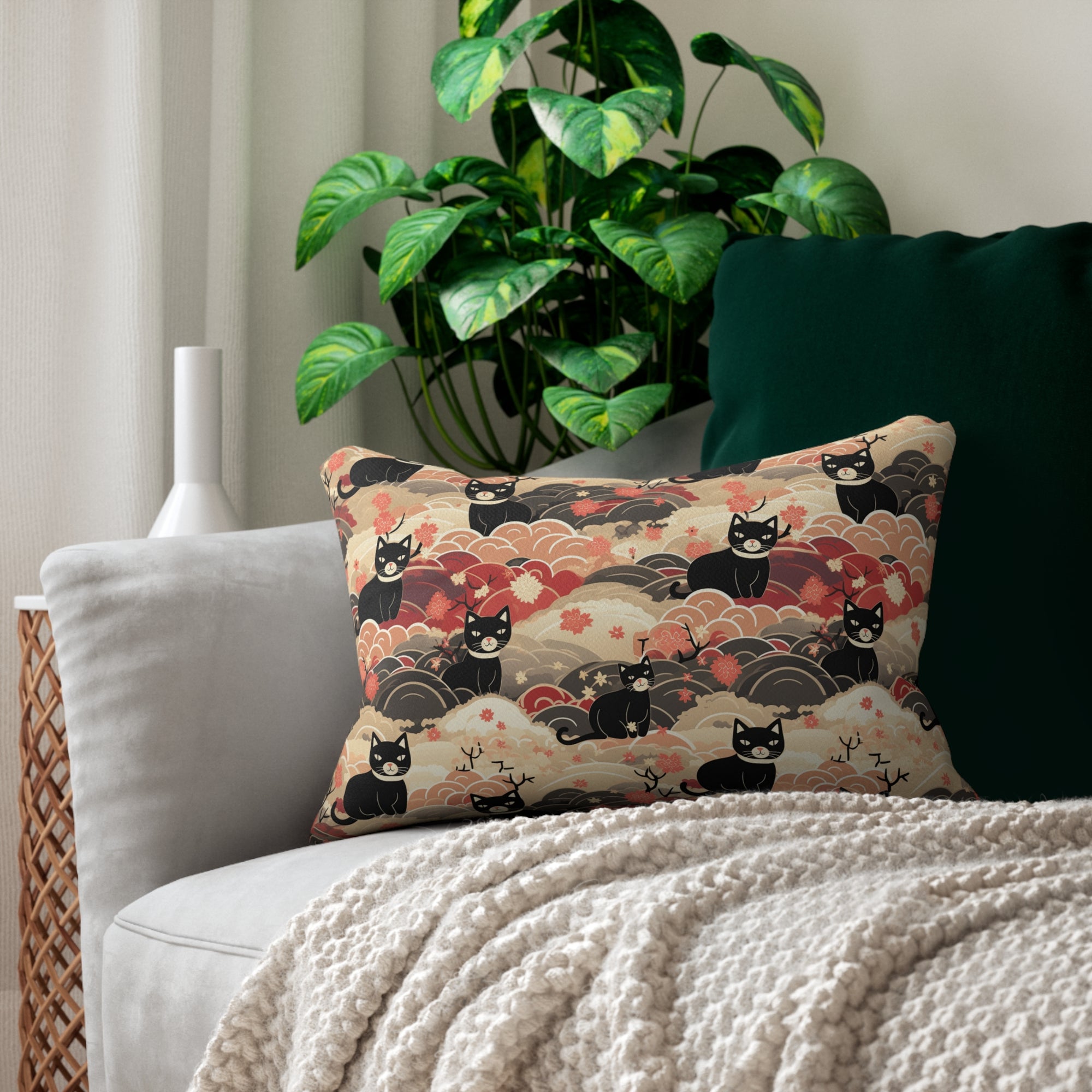 Indoor Lumbar Pillow - A whimsical and enchanting Japanese-style pattern featuring cute black and orange cats nestled among vibrant orange blossoms and soft, cloudy backgrounds.