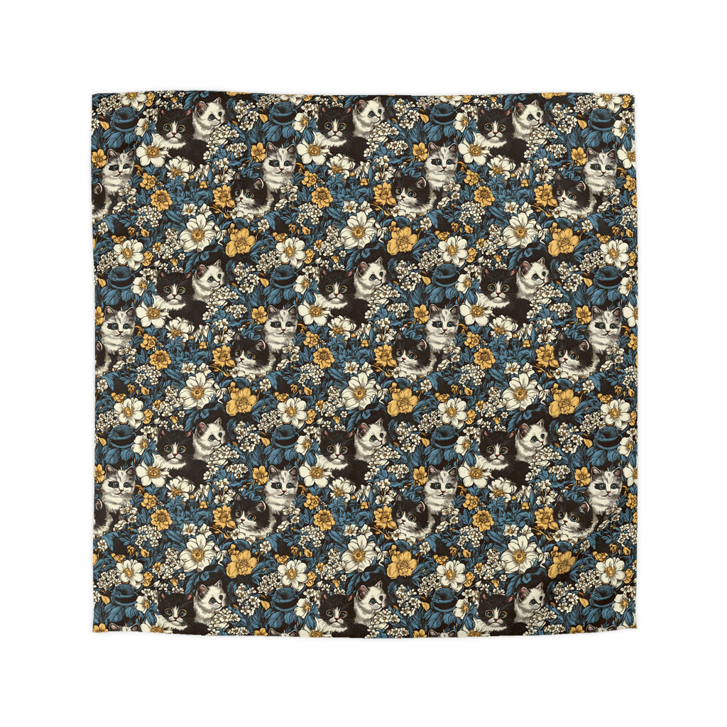 Duvet Cover - Black and White Kittens with Yellow and White Flowers, Dark Blue Leaves, Vintage Charm