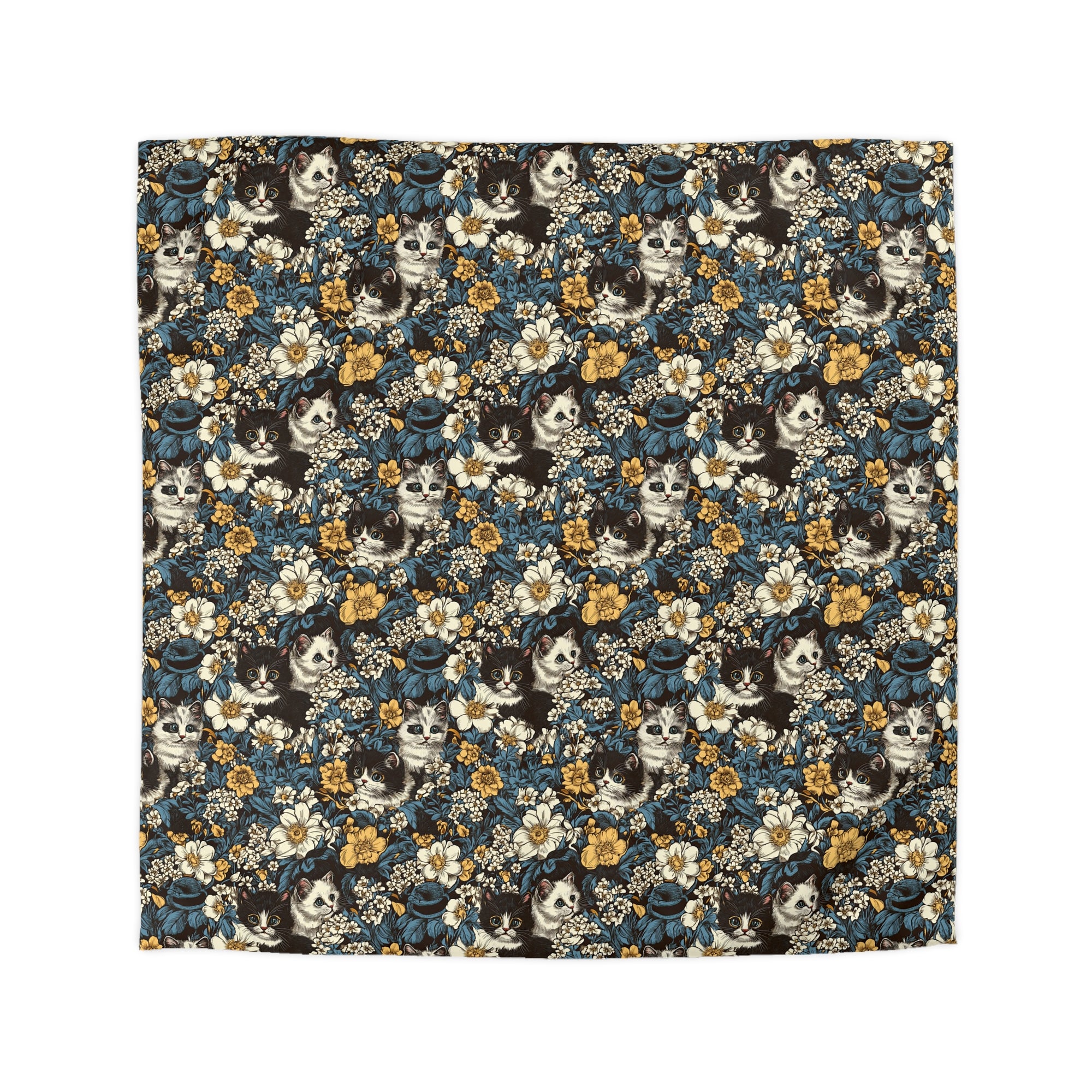 Duvet Cover - Black and White Kittens with Yellow and White Flowers, Dark Blue Leaves, Vintage Charm