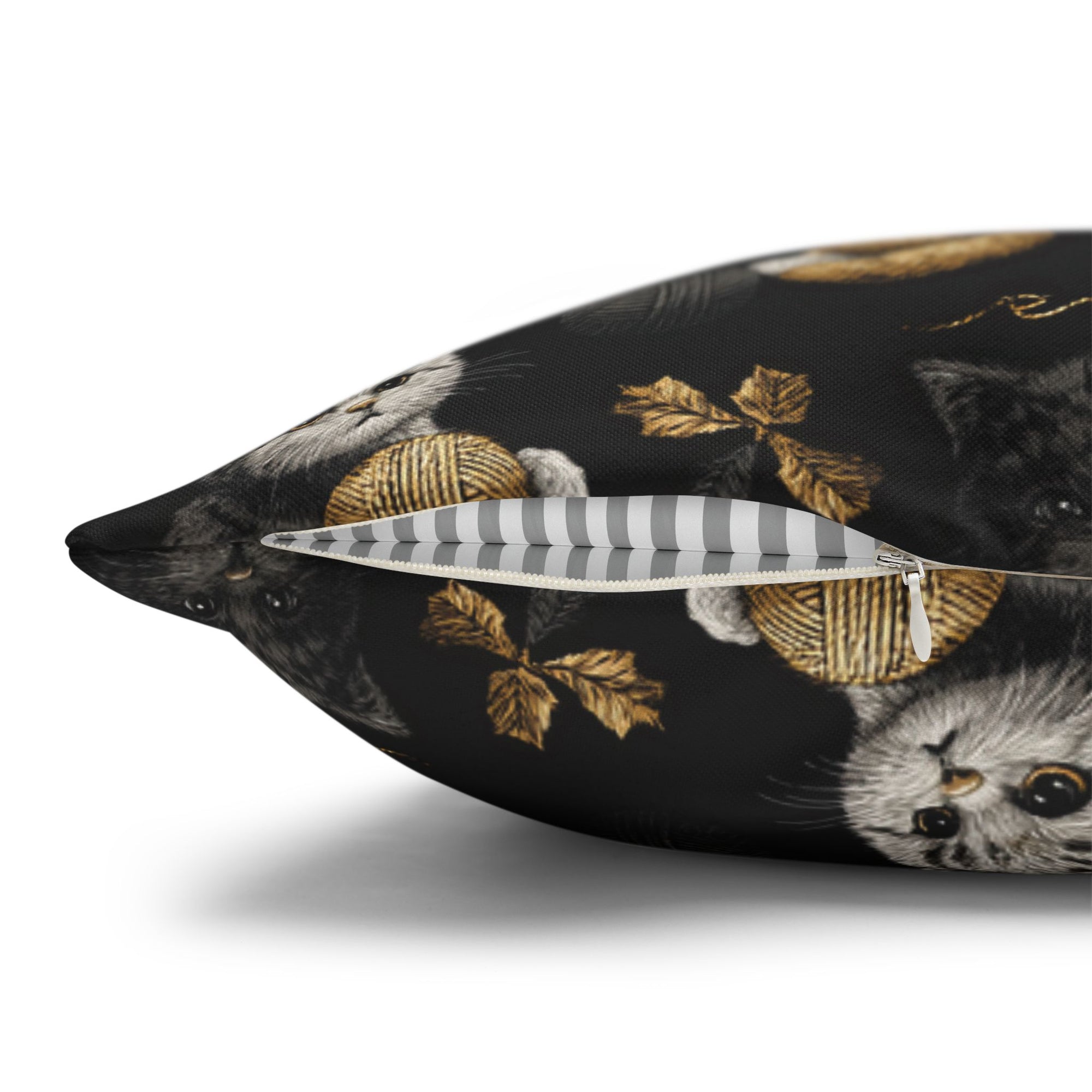 Square Pillowcase - Assorted Cute Kittens with Colorful Yarn Balls and Paw Prints on a Black Backdrop