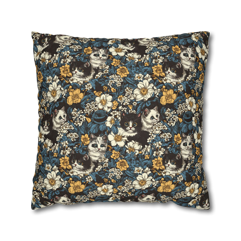 Square Pillowcase - Black and White Kittens with Yellow and White Flowers, Dark Blue Leaves, Vintage Charm