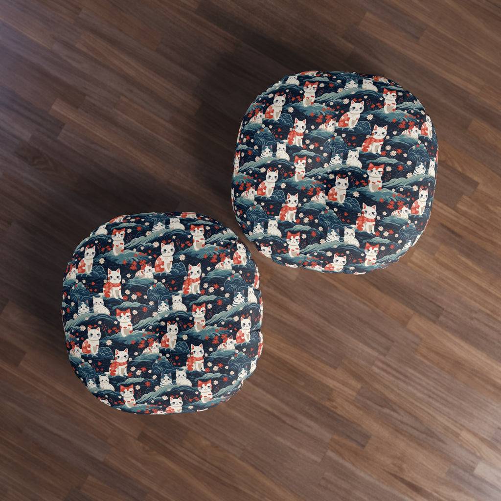 Indoor Round Floor Pillow - A serene and sweet Japanese landscape pattern featuring multicolored cats relaxing within a tranquil field of red and white flowers and gentle blue hills.