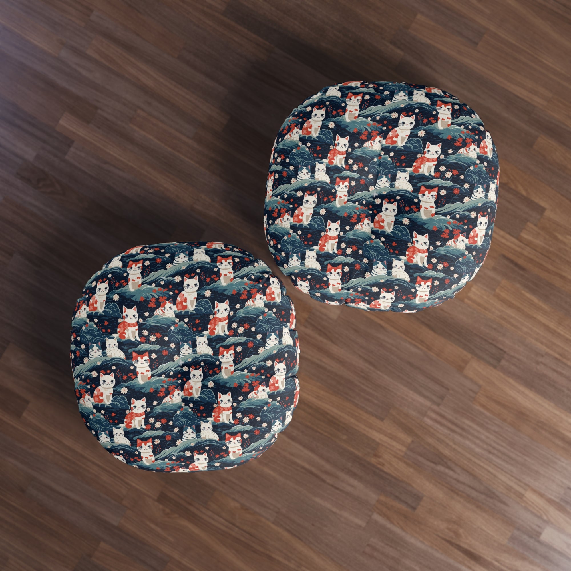 Indoor Round Floor Pillow - A serene and sweet Japanese landscape pattern featuring multicolored cats relaxing within a tranquil field of red and white flowers and gentle blue hills.