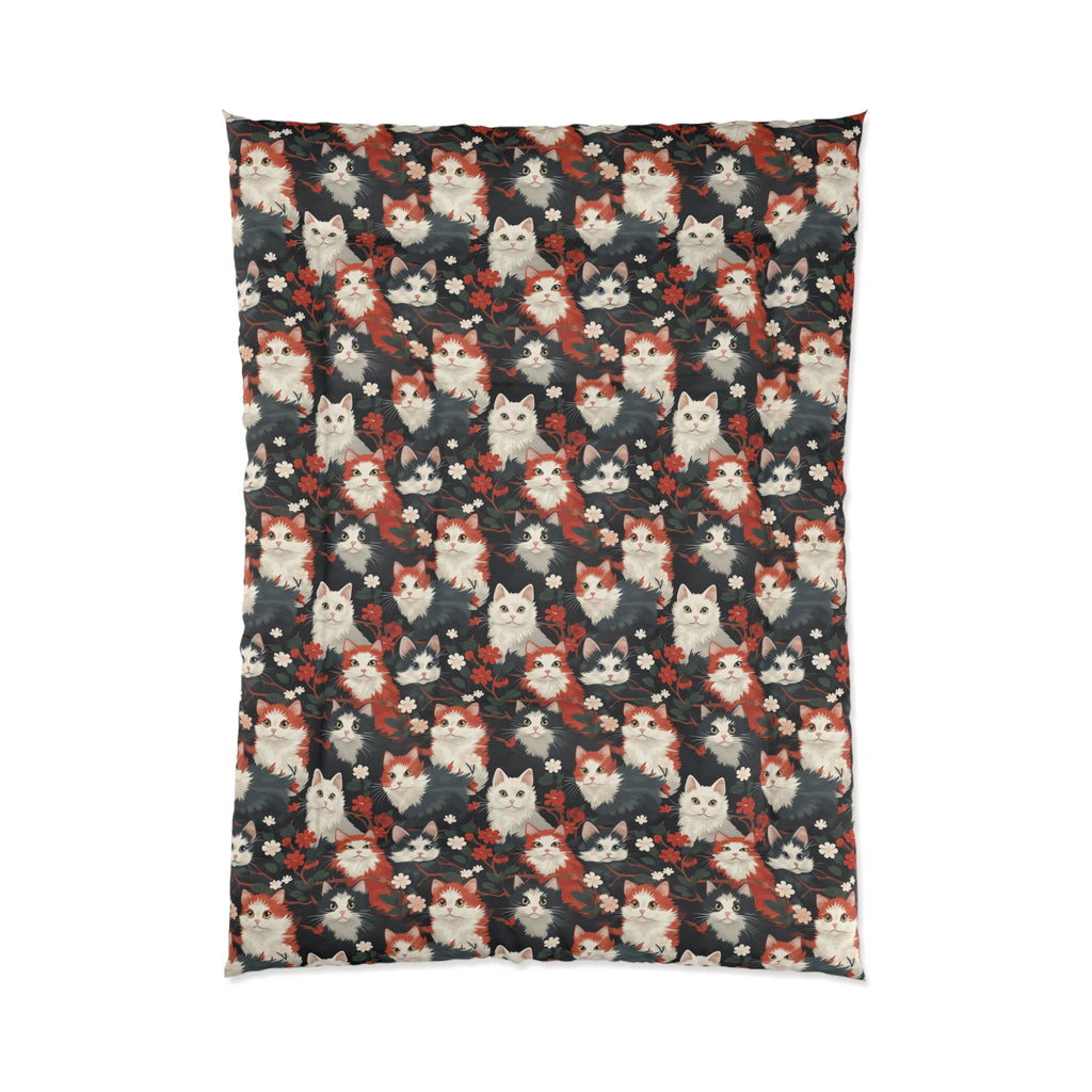 Comforter - A detailed and ornate Victorian-style pattern featuring a tight grouping of fluffy cats of various colors surrounded by black and red flowers and leaves.