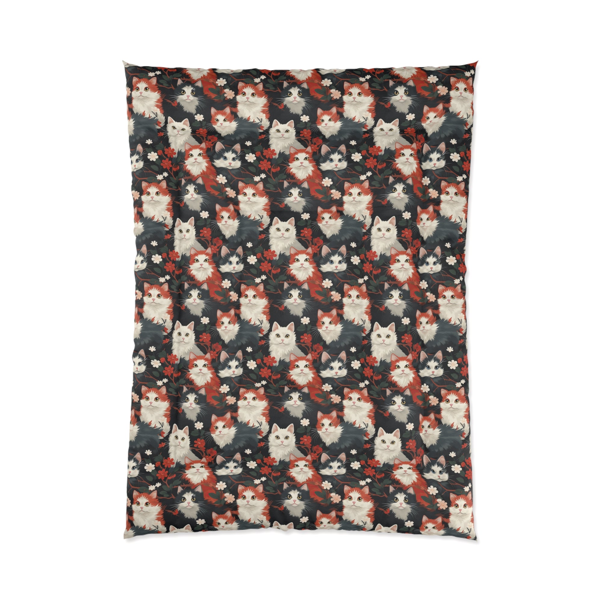 Comforter - A detailed and ornate Victorian-style pattern featuring a tight grouping of fluffy cats of various colors surrounded by black and red flowers and leaves.