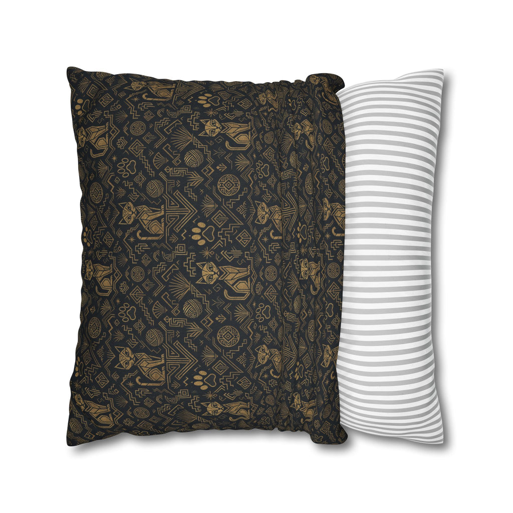 Square Pillowcase - Art Deco Inspired Golden Cat Silhouettes and Geometric Patterns Create a Sophisticated and Stylized Modern Design
