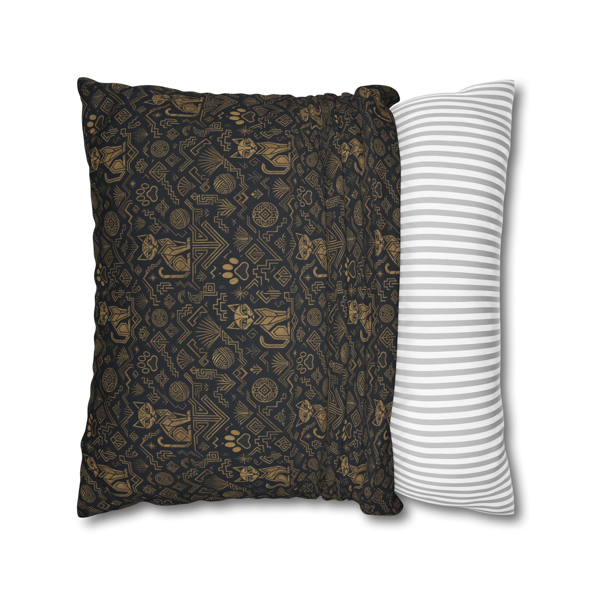 Square Pillowcase - Art Deco Inspired Golden Cat Silhouettes and Geometric Patterns Create a Sophisticated and Stylized Modern Design