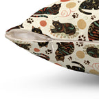 Indoor Square Pillow - Intricate tribal patterned black cats, colorful folk art style, playful felines with yarn balls and paw prints, artistic and bohemian cat design, cream background, unique animal print