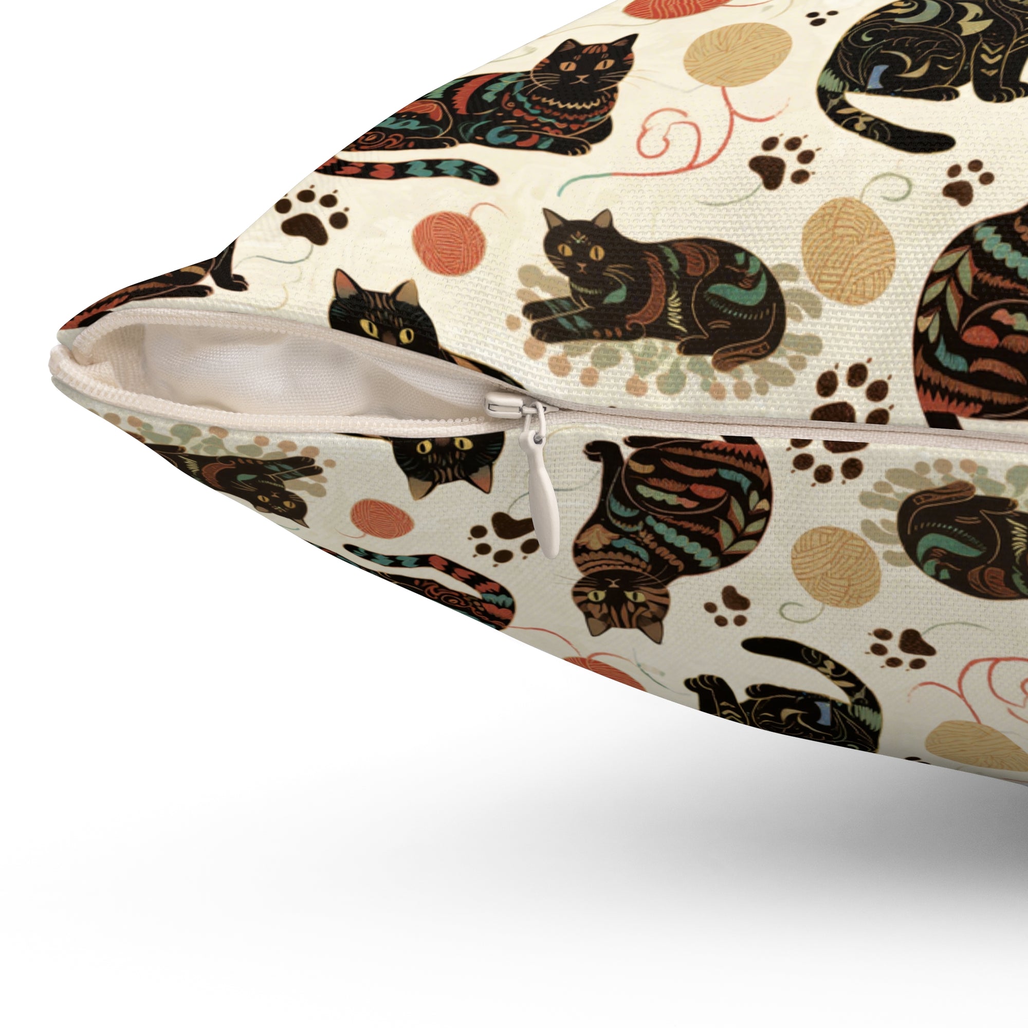 Indoor Square Pillow - Intricate tribal patterned black cats, colorful folk art style, playful felines with yarn balls and paw prints, artistic and bohemian cat design, cream background, unique animal print