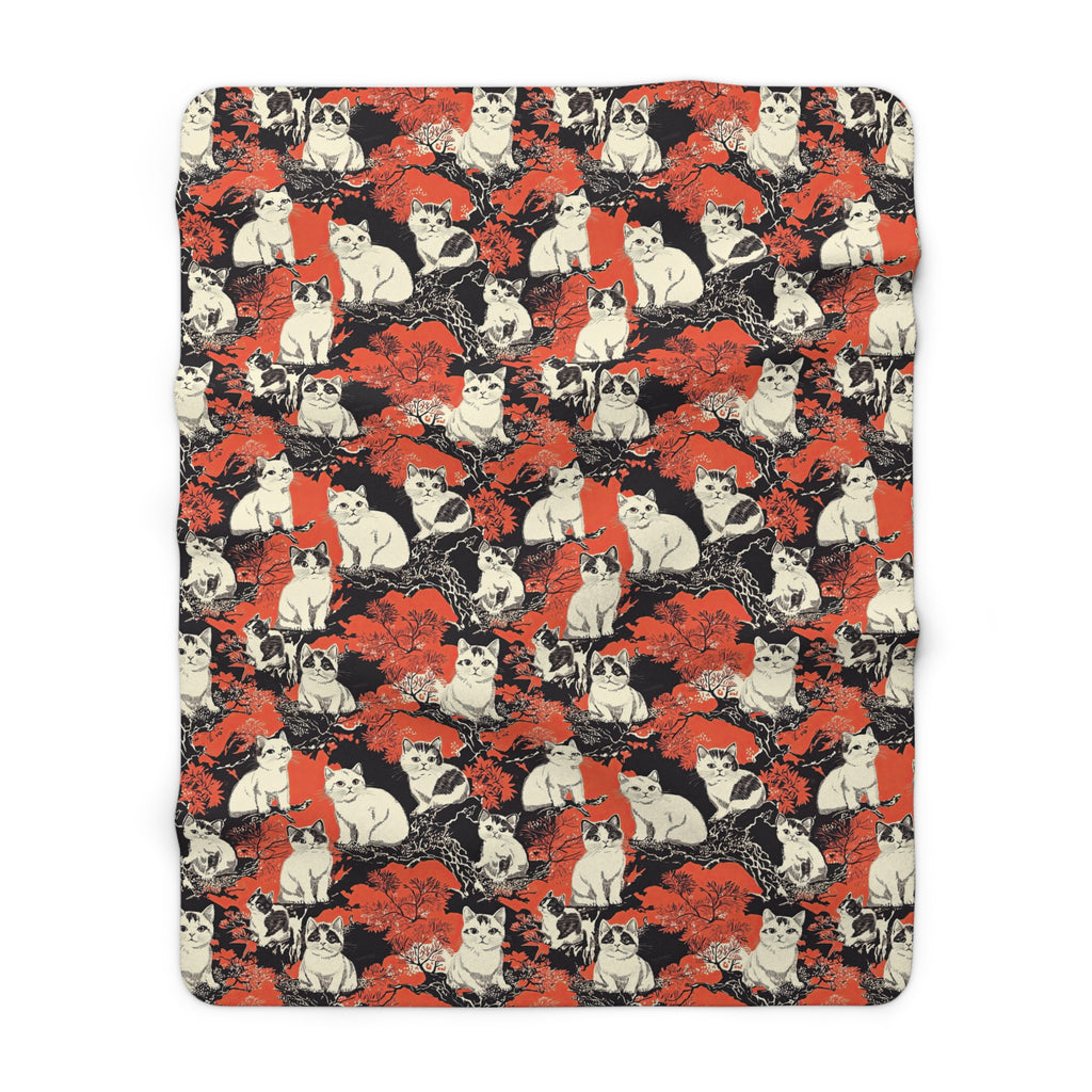 Sherpa Blanket - A striking black-and-white illustration with red accents of charming cats perched on the branches of trees in a beautiful Japanese woodblock print style.