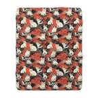 Sherpa Blanket - A striking black-and-white illustration with red accents of charming cats perched on the branches of trees in a beautiful Japanese woodblock print style.