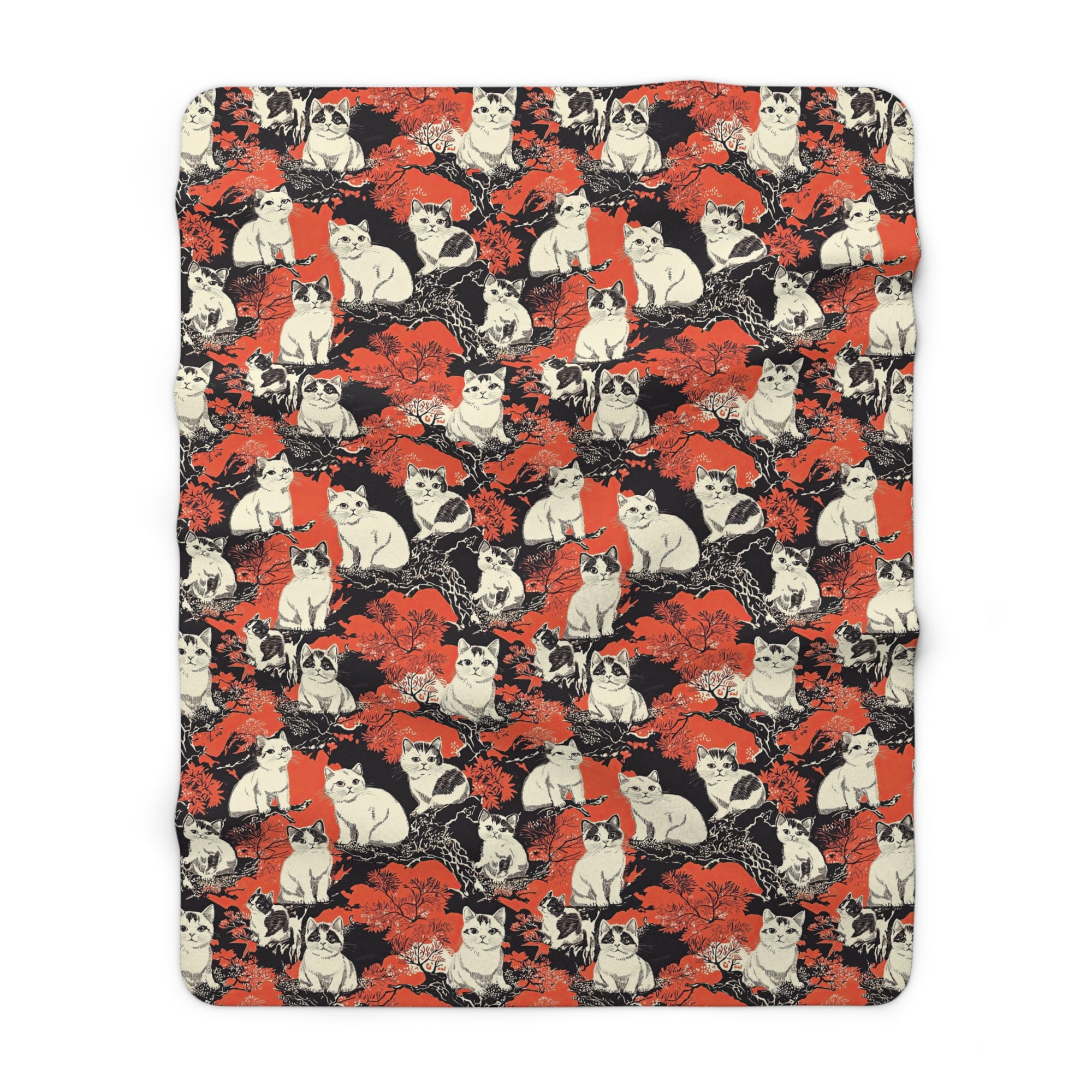Sherpa Blanket - A striking black-and-white illustration with red accents of charming cats perched on the branches of trees in a beautiful Japanese woodblock print style.