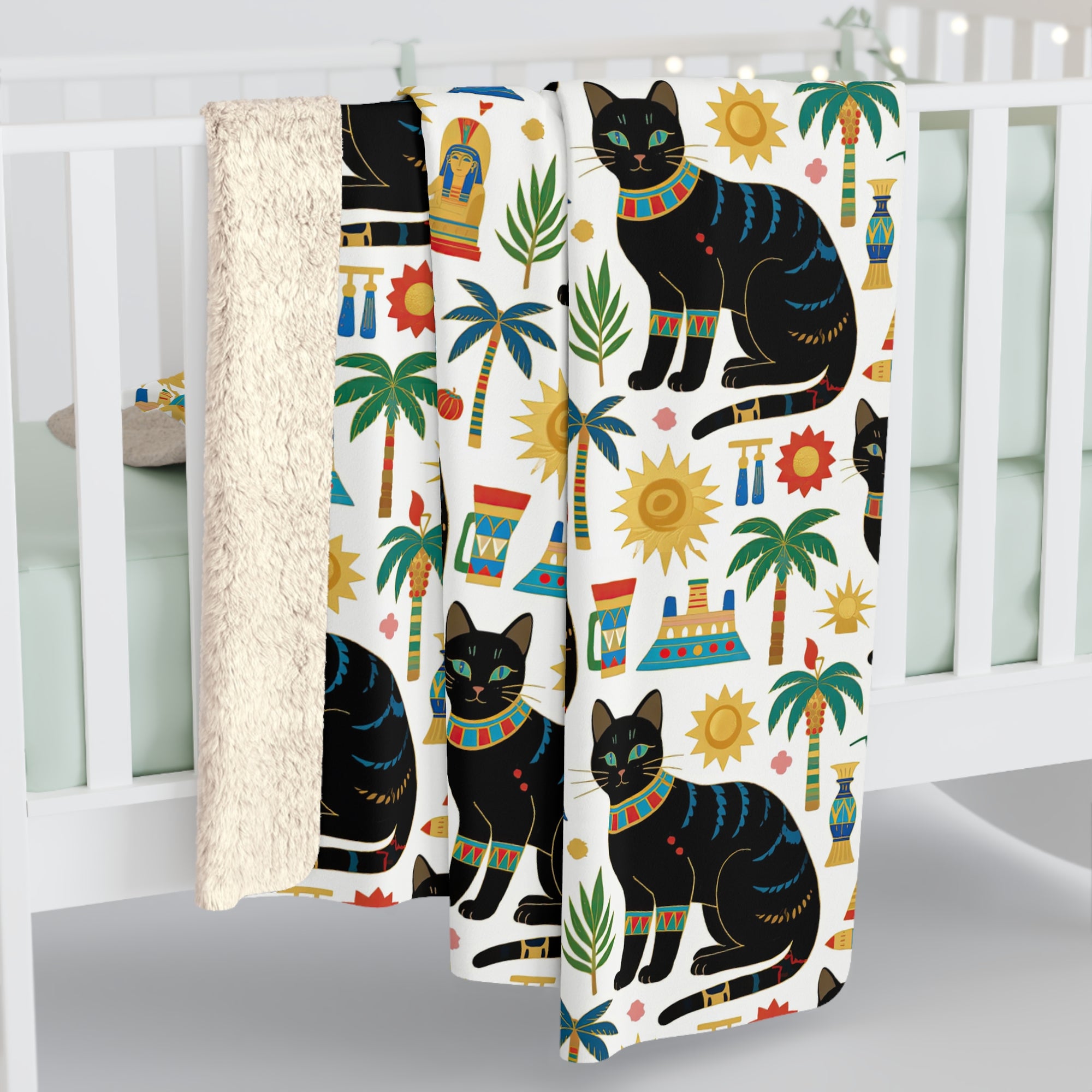 Sherpa Blanket - Majestic Black Egyptian Cats with Vibrant Adornments and Desert Motifs Create a Striking and Culturally Rich Design